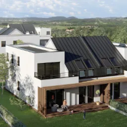 Wizualizacja szeregu nowoczesnych domów z czarnymi dachami i białymi elewacjami, z widoczną rodziną na tarasie jednego z domów.