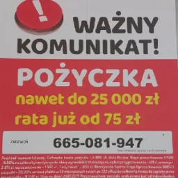 Ogłoszenie o pożyczce z wykrzyknikiem, informacją o kwocie do 25000 zł i ratach od 75 zł, wraz z numerem telefonu i przykładem reprezentatywnym kosztów.