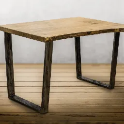 Mały, kwadratowy stolik z blatem z naturalnego drewna o nieregularnych krawędziach i metalową podstawą, prezentowany na drewnianej podłodze.
