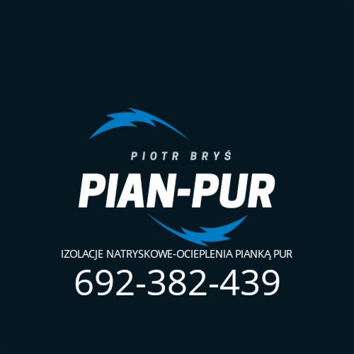 Logo firmy Piotra Brysia specjalizującej się w izolacjach natryskowych. Widoczny napis PIAN-PUR i numer telefonu.