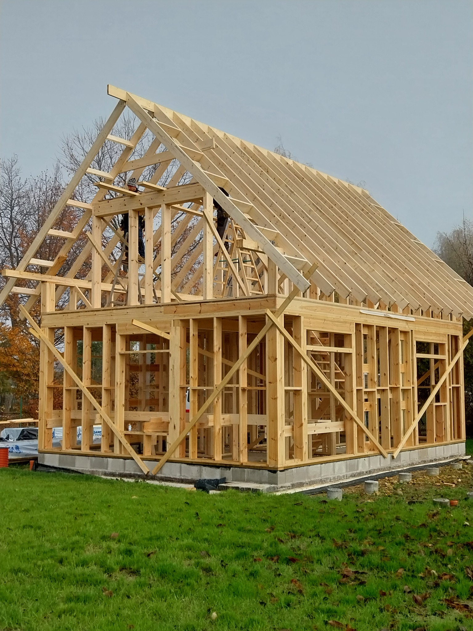 Surowy szkielet drewniany domu w trakcie budowy, widoczne elementy konstrukcyjne dachu i ścian, pracownicy na górze, fundament betonowy, zielona trawa wokół.