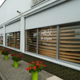 Fasada budynku z szarymi roletami zewnętrznymi częściowo opuszczonymi i drewnianymi żaluzjami wewnętrznymi, okna ozdobione napisami, przed budynkiem donice z czerwonymi kwiatami