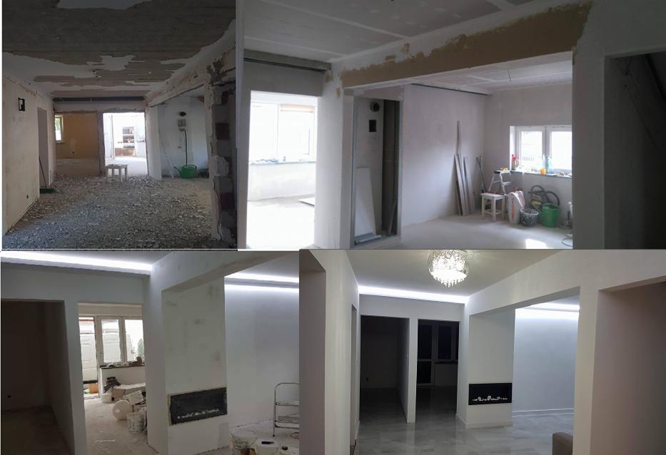 Kolaż przedstawiający remont mieszkania na różnych etapach: od stanu surowego z gruzem, przez szpachlowanie i montaż płyt, aż po ostateczny efekt z oświetleniem LED i marmurową podłogą.