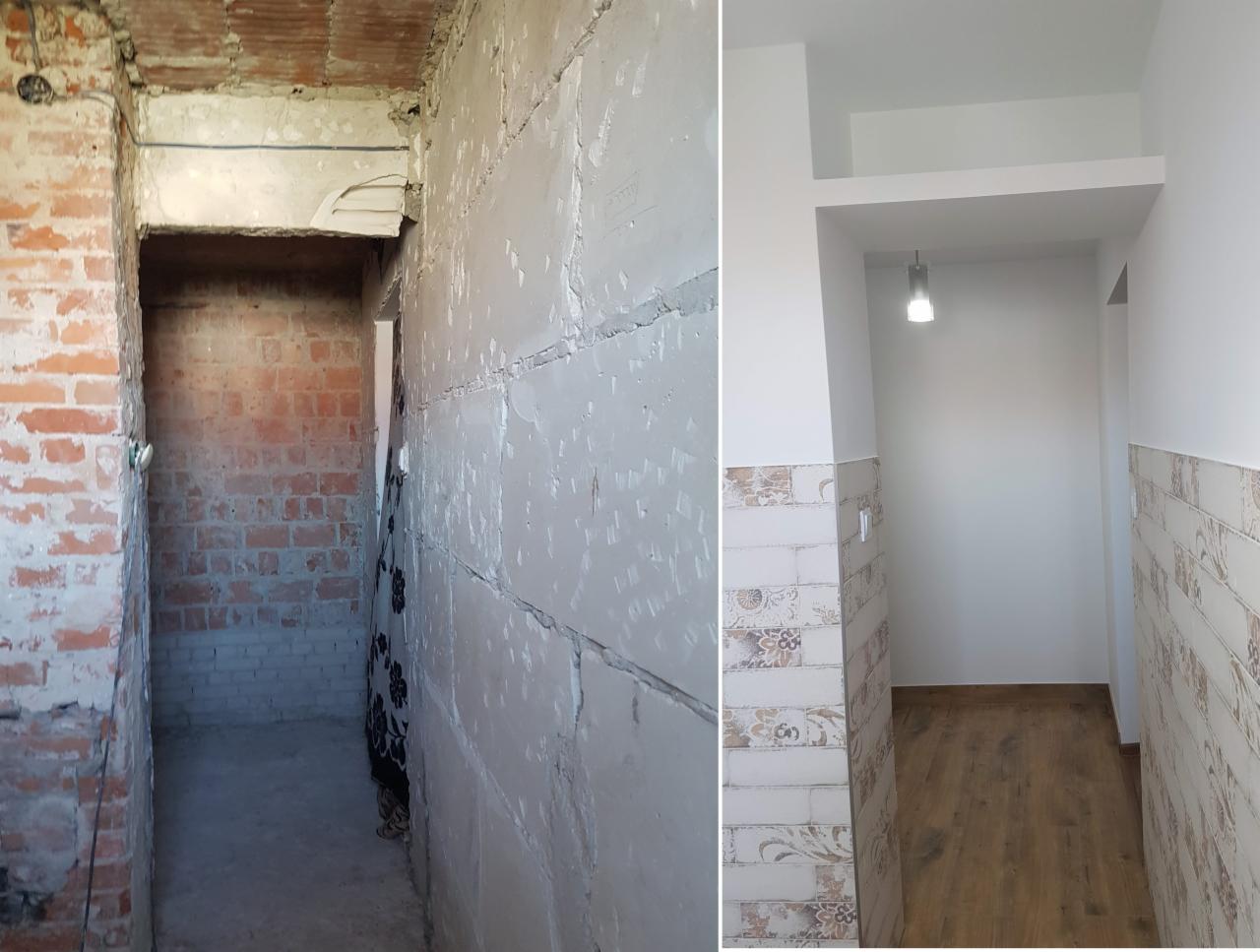 Korytarz przed i po remoncie: surowe cegły i ściany z nierówną powierzchnią przed, gładkie białe ściany z dekoracyjnymi płytkami i drewnopodobną podłogą po.