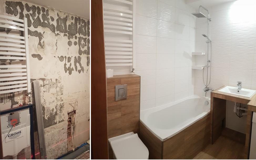 Remont łazienki: porównanie stanu przed i po. Po lewej ściana z resztkami starej glazury i instalacją grzejnika, po prawej wykończona łazienka z białą wanną, umywalką i toaletą w zabudowie...