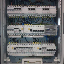 Otwarta skrzynka elektryczna z widocznymi bezpiecznikami, przewodami i elementami sterującymi marki Legrand, zamontowana wewnątrz metalowej szafki.