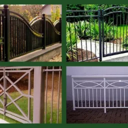 Kompozycja czterech zdjęć przedstawiających różne style metalowych ogrodzeń i bram: czarne, falowane ogrodzenie z roślinnością w tle; czarna brama ogrodowa z zielenią; brązowe ogrodzenie...