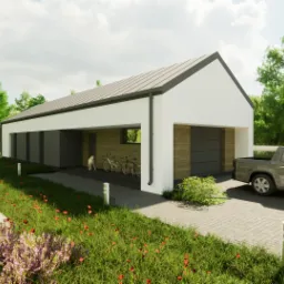 Wizualizacja nowoczesnego, parterowego domu z garażem, z szarą dachówką i białymi ścianami, z podjazdem wyłożonym kostką, samochodem typu pickup i psem rasy owczarek szwajcarski stojącym obok...