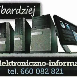 Linia komputerów stacjonarnych i monitorów, z napisem 'Serwis elektroniczno-informatyczny' i numerem telefonu poniżej.