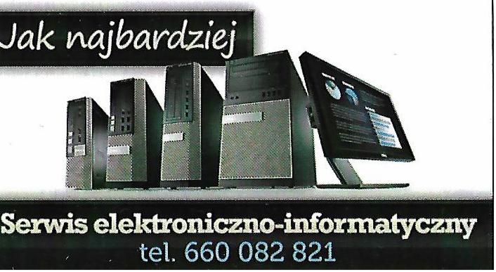 Linia komputerów stacjonarnych i monitorów, z napisem 'Serwis elektroniczno-informatyczny' i numerem telefonu poniżej.
