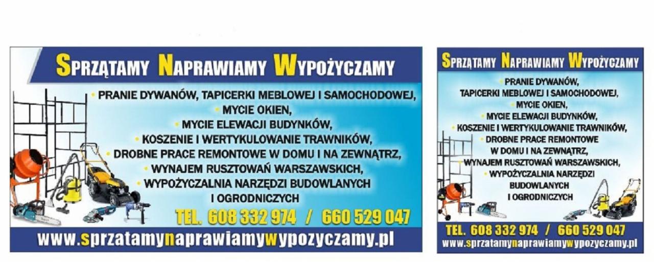 Reklama firmy oferującej usługi prania dywanów, mebli tapicerowanych, mycia okien, elewacji, koszenia trawników, drobnych remontów, wynajmu rusztowań i narzędzi budowlanych, z numerami telefonów...