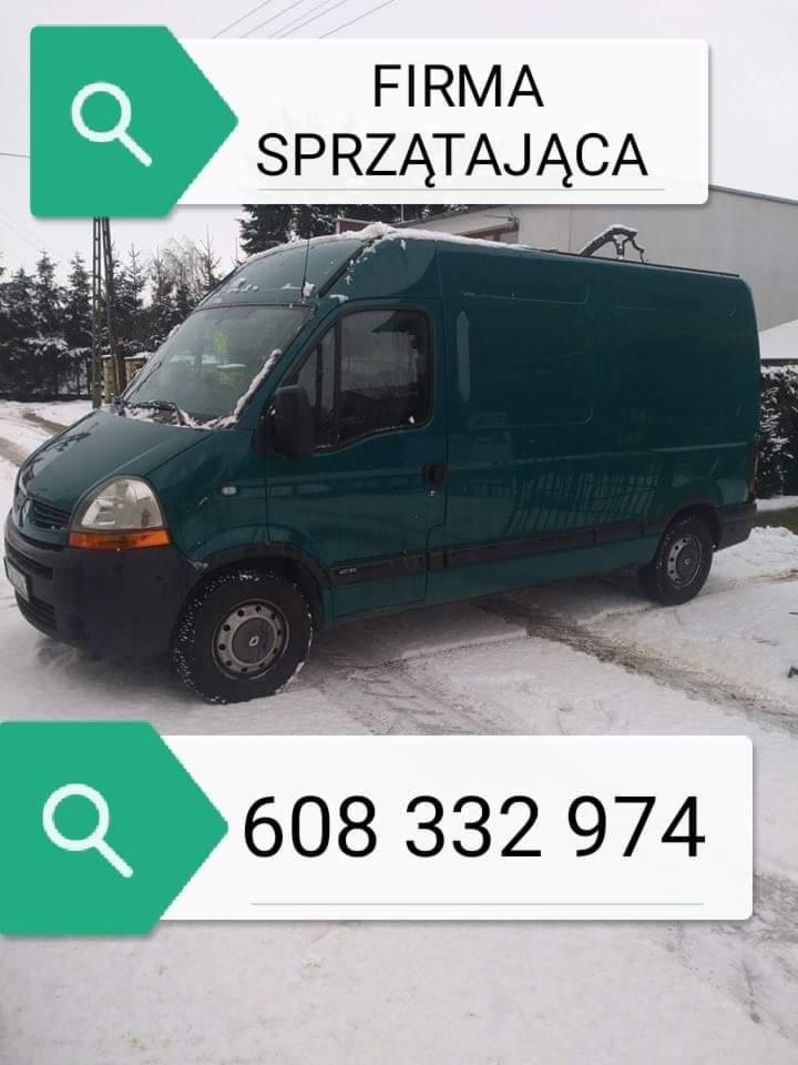 Zielony samochód dostawczy firmy sprzątającej zaparkowany na śniegu, z numerem telefonu widocznym na grafice na zdjęciu.