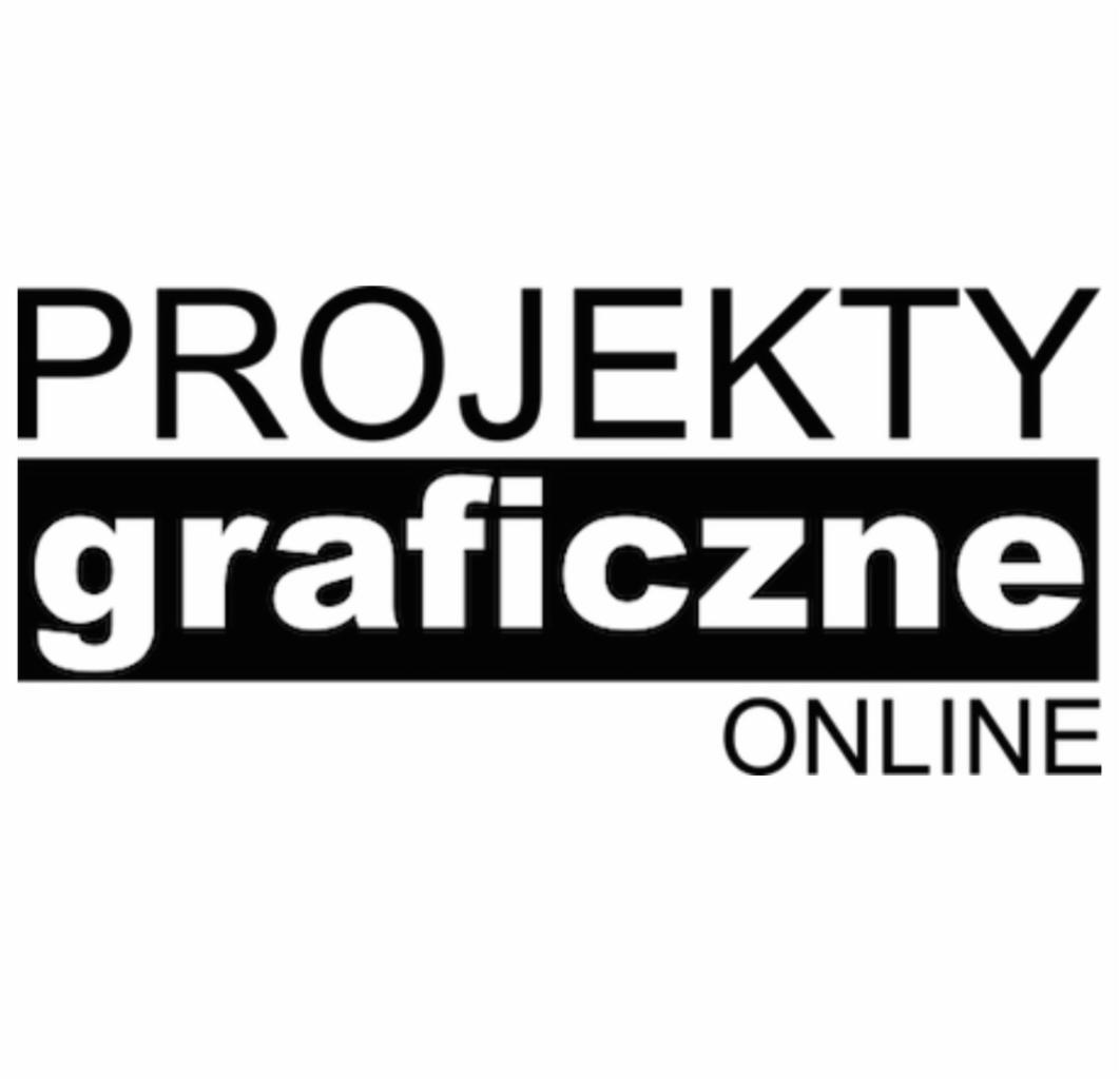 Logo firmy Projekty Graficzne Online z czarnym napisem na białym tle, nazwa firmy w trzech wierszach, środkowy wiersz w czarnym prostokącie.