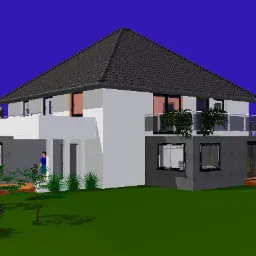 Wizualizacja dwukondygnacyjnego domu z tarasami, z osobami na balkonach i w ogrodzie, ukazująca elewację w szaro-białej kolorystyce z ciemną dachówką.