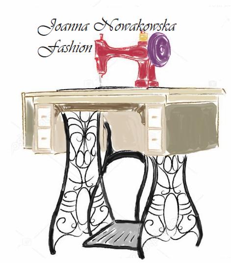 Stylizowana ilustracja: maszyna do szycia na stole z ozdobnymi nogami, napis 'Joanna Nowakowska Fashion' u góry.