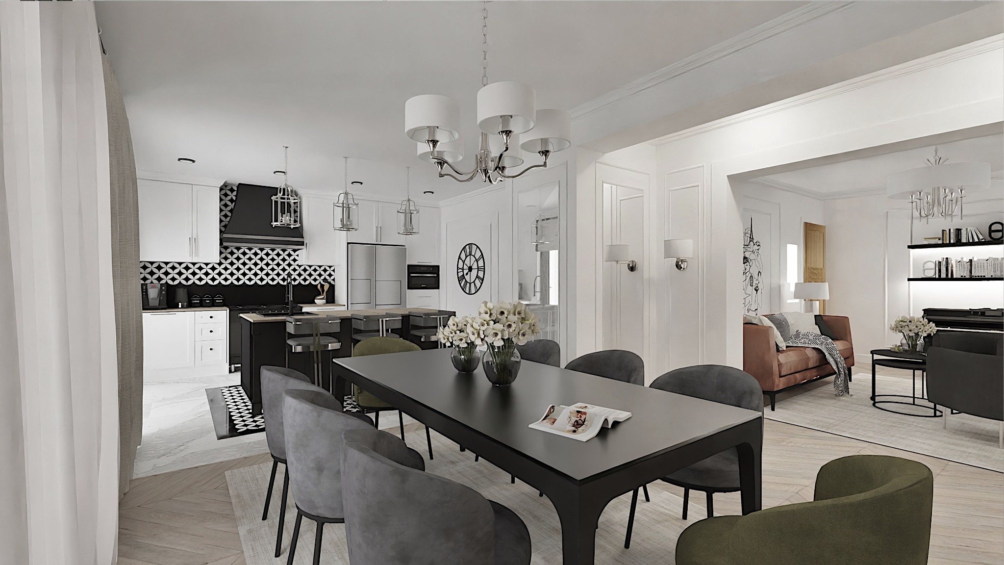 Wnętrze domu: jadalnia z czarnym stołem, szarymi i zielonymi krzesłami, kwiatami w wazonach, gazetą na stole, widok na kuchnię z czarno-białymi płytkami i salon z brązową sofą, oświetlenie sufitowe.