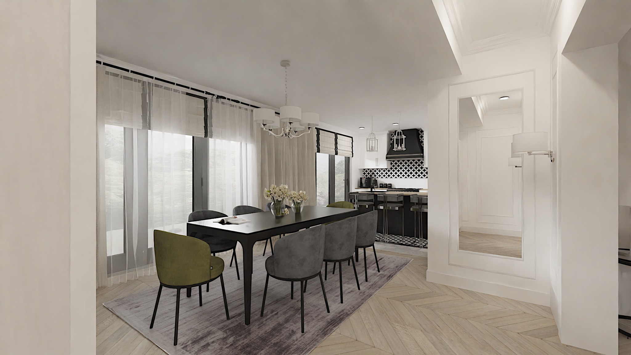 Nowoczesna jadalnia z czarnym stołem, szarymi i oliwkowymi krzesłami na wzorzystym dywanie, otwarta na kuchnię z czarno-białymi płytkami i barkiem, widok z perspektywy wejścia z lustrem w ozdobnej...