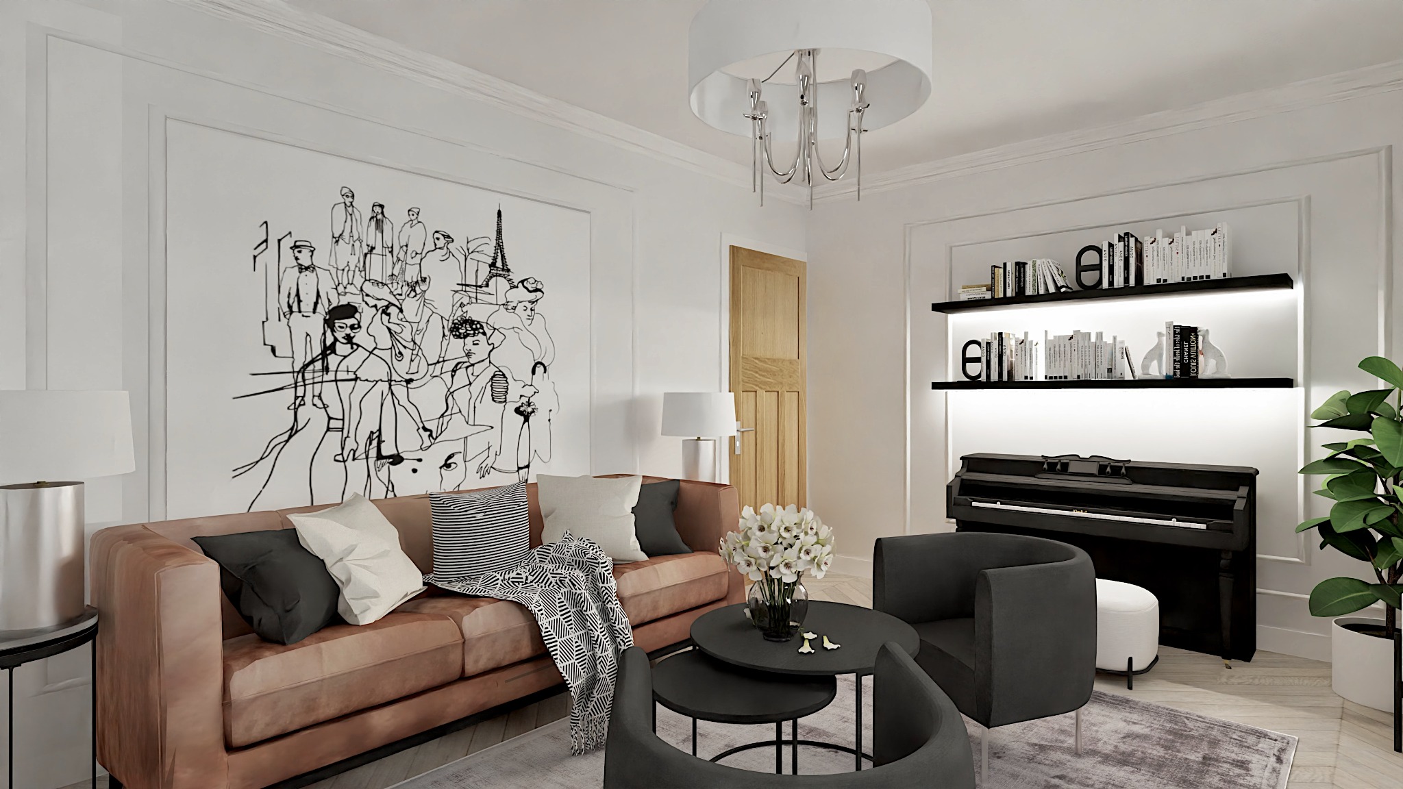 Salon w stylu minimalistycznym z brązową sofą, czarnymi fotelami, pianinem i grafiką ścienną przedstawiającą paryską scenę