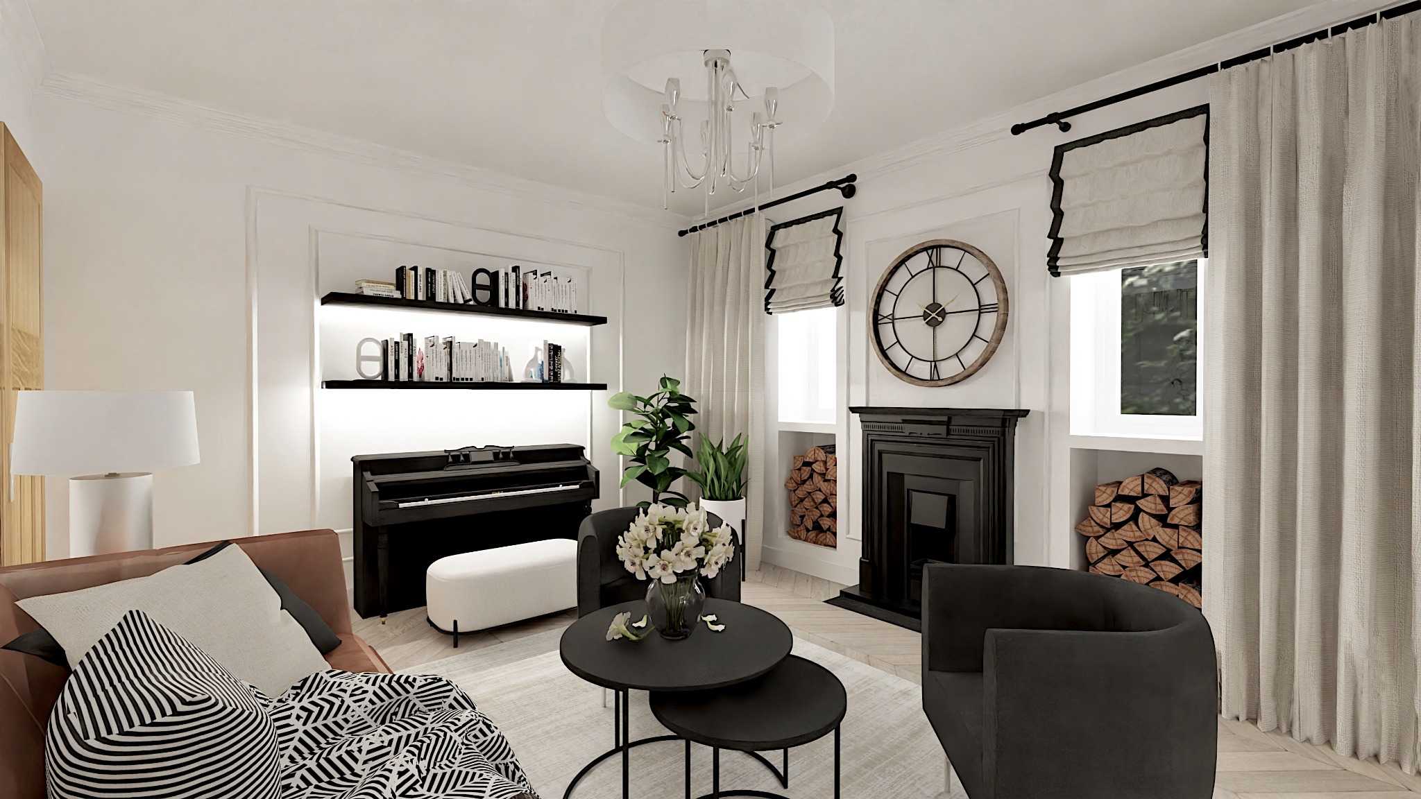 Elegancki salon w stylu klasycznym z czarnym fortepianem podświetlonym półkami z książkami, kominkiem z drewnem, okrągłym zegarem i dwoma stolikami kawowymi z bukietem białych kwiatów.