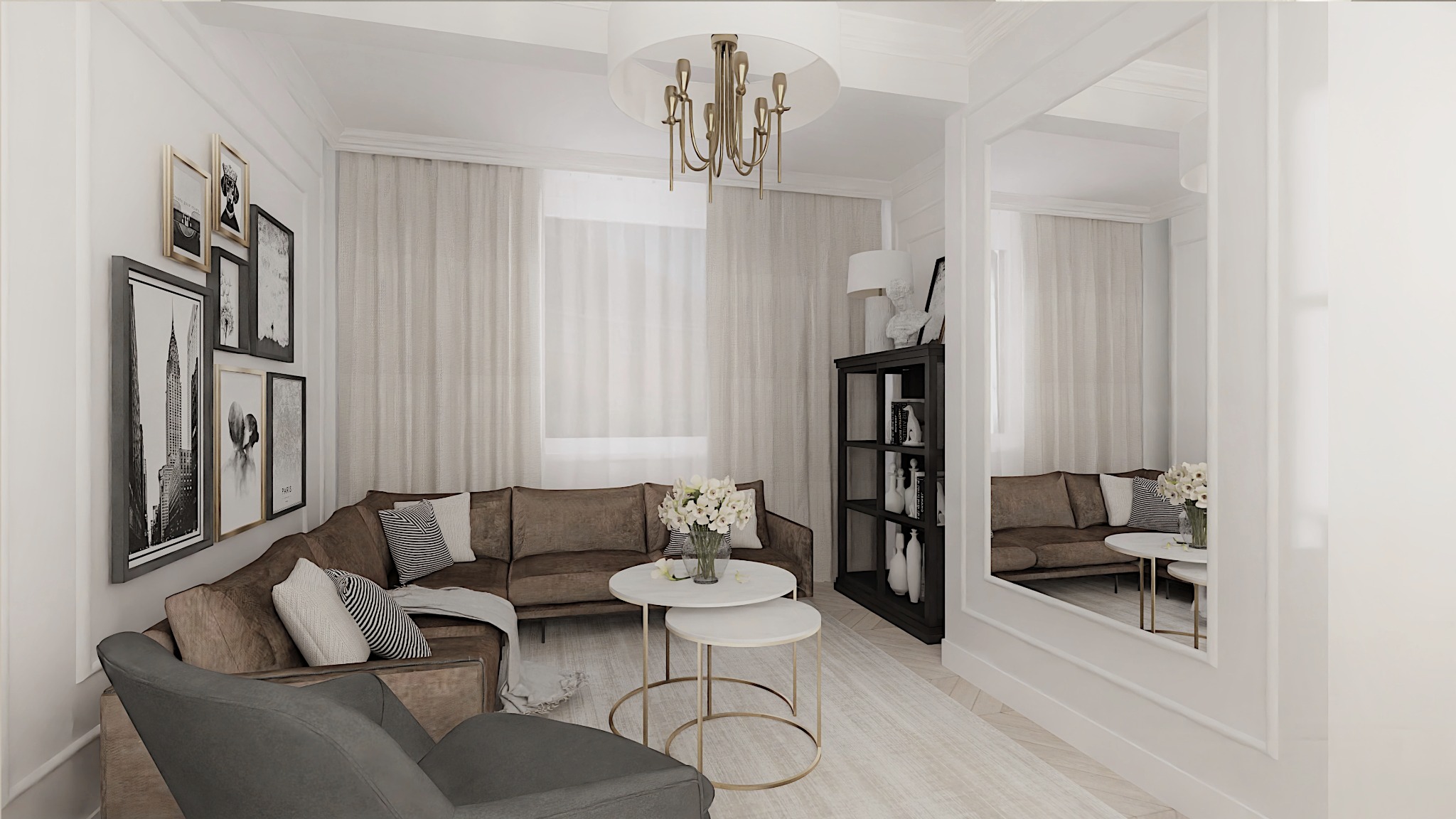 Elegancki salon z narożną sofą w odcieniach brązu, dwupoziomowym stolikiem kawowym z białym blatem i złotą podstawą, oraz galerią czarno-białych grafik na ścianie. W tle widoczne zasłony w kolorze...