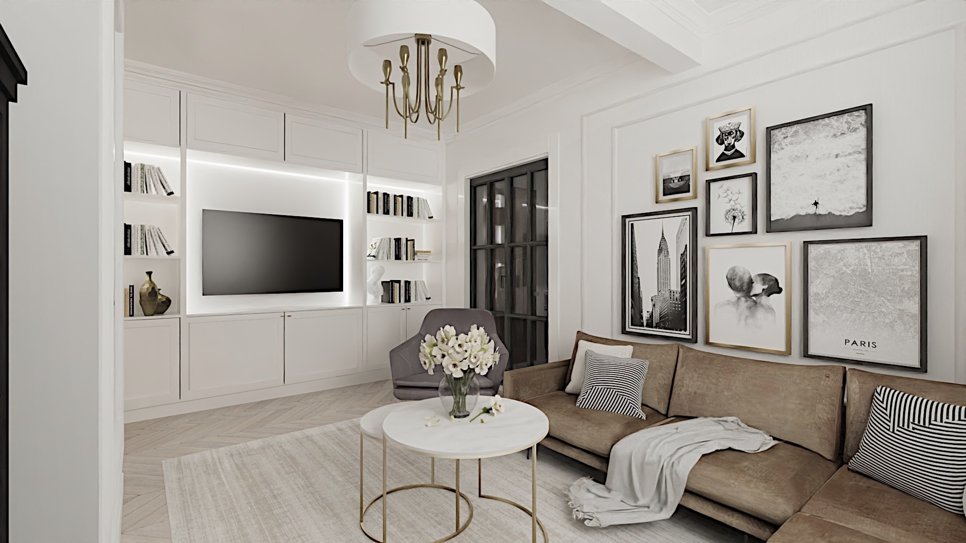 Elegancki salon z brązową sofą narożną, białymi meblami na ścianie, okrągłym stolikiem kawowym z białym blatem i złotą podstawą, oraz galerią czarno-białych obrazów na ścianie.