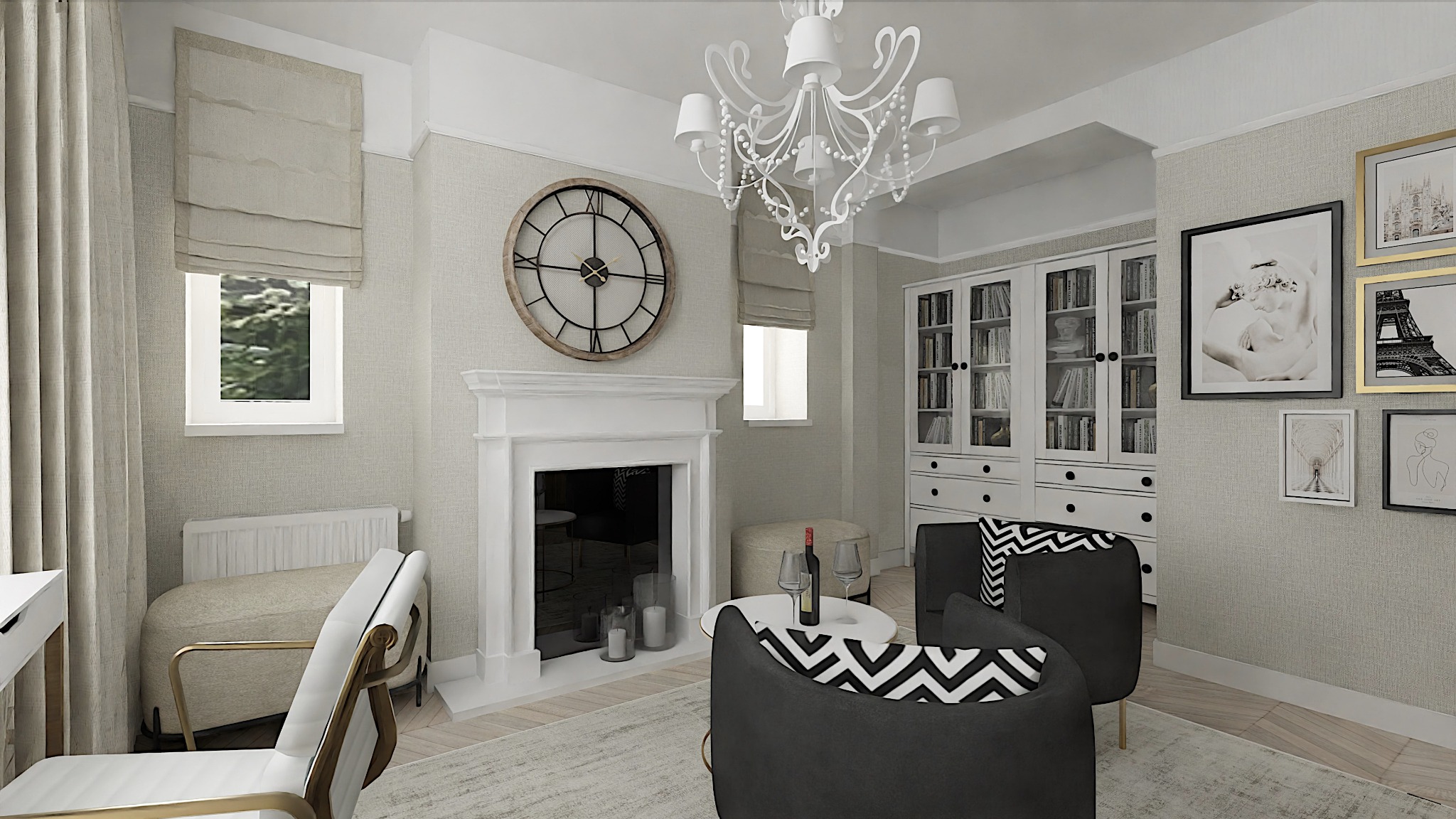 Elegancki salon w odcieniach szarości i bieli z kominkiem, zegarem ściennym, biblioteczką i designerskim żyrandolem.