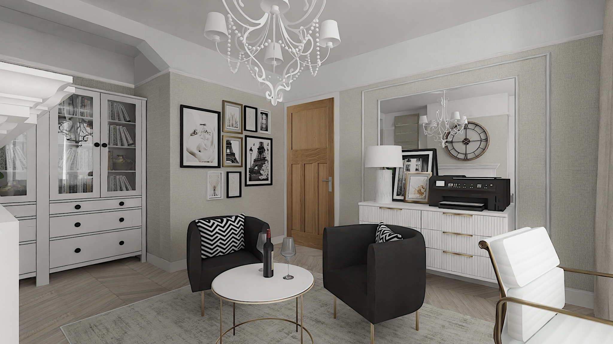 Elegancki salon z białymi meblami, czarnymi fotelami z zygzakowatymi poduszkami, okrągłym stolikiem z winem, ozdobnym żyrandolem i galerią zdjęć na ścianie.