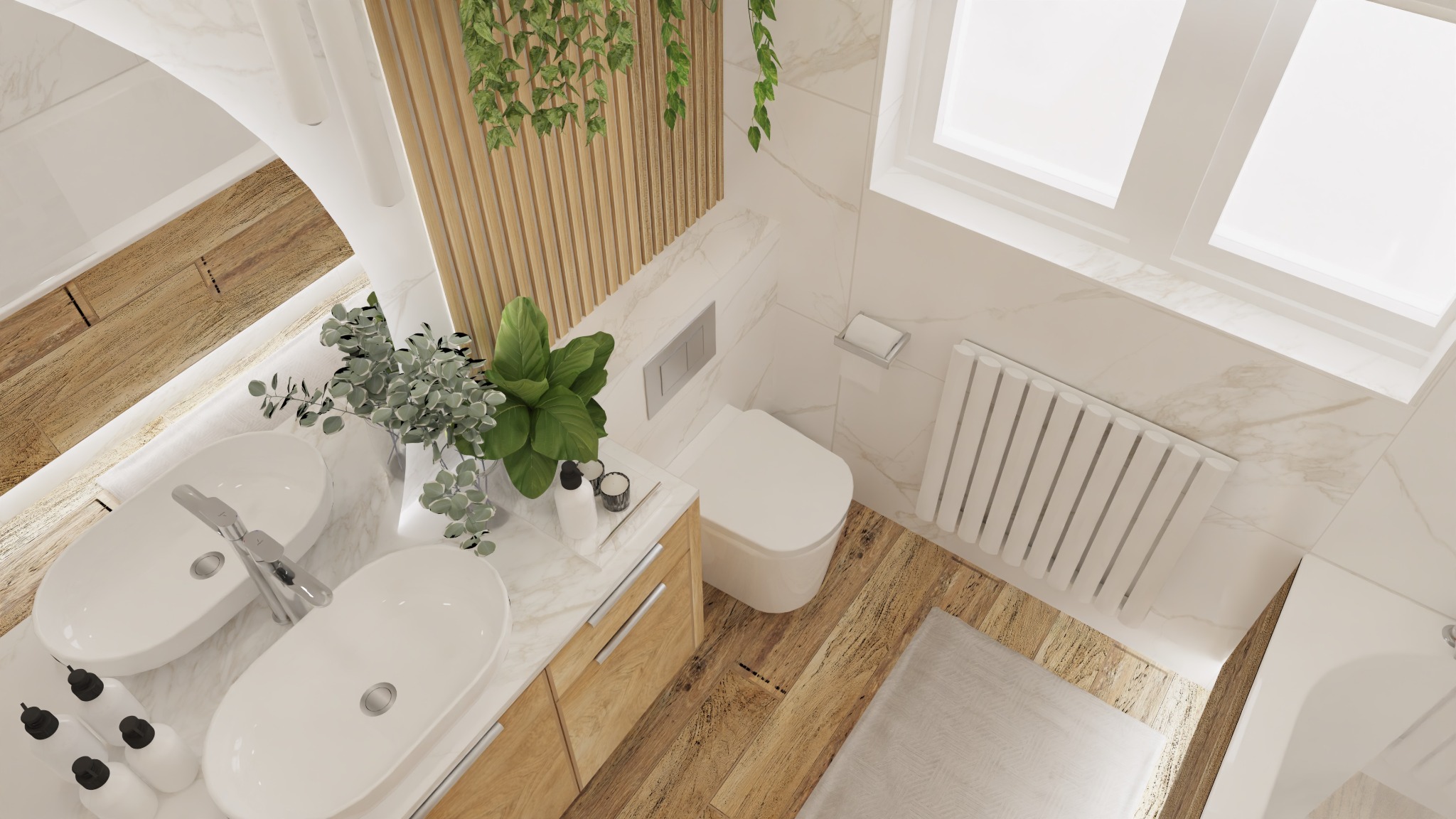 Wizualizacja łazienki z dwoma umywalkami nablatowymi, drewnianą podłogą i akcentami roślinnymi, w tym panelem z drewnianych listew z wiszącymi roślinami, oraz grzejnikiem żeberkowym pod oknem.