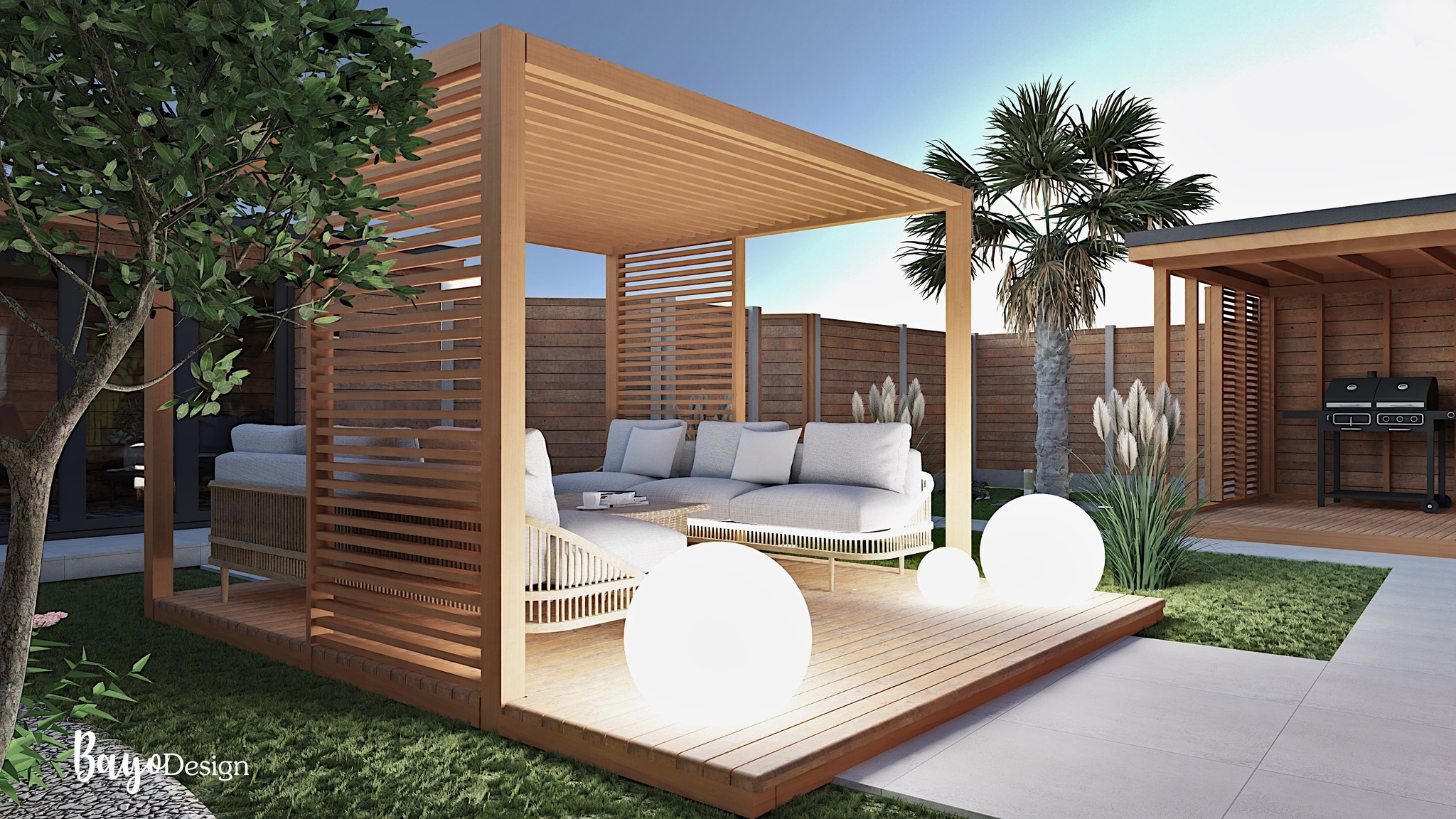Wizualizacja drewnianej pergoli z rattanowym narożnikiem i kulistymi lampami na tarasie, obok grilla i egzotycznej roślinności.