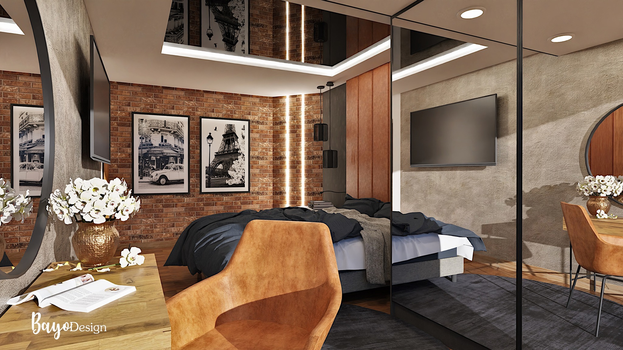 Nowoczesna sypialnia z ceglaną ścianą, czarno-białymi fotografiami, drewnianym biurkiem z kwiatami i krzesłem w kolorze skóry oraz lustrzanym sufitem z oświetleniem LED.