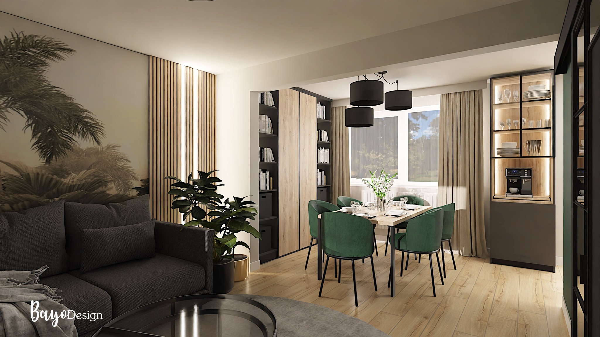 Wizualizacja salonu z jadalnią w stylu nowoczesnym, z fototapetą z motywem palm, drewnianymi lamelami na ścianie, szarą sofą narożną, zielonymi krzesłami przy drewnianym stole i zabudowaną szafą...