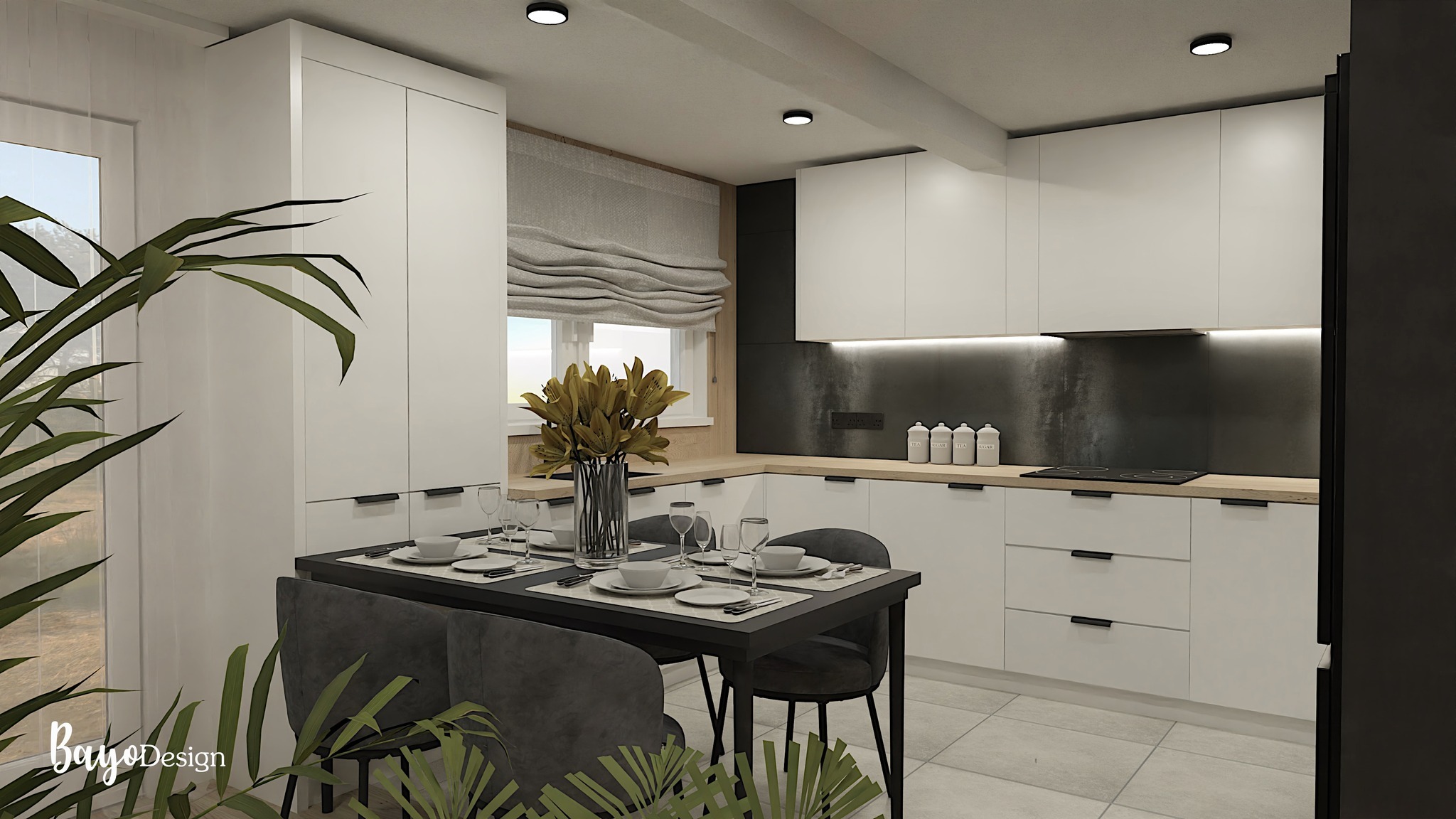 Wizualizacja nowoczesnej kuchni z białymi szafkami, drewnianym blatem, czarną ścianą nad blatem i stołem z zastawą dla czterech osób, z dekoracyjnym bukietem kwiatów na stole, z elementami roślin...