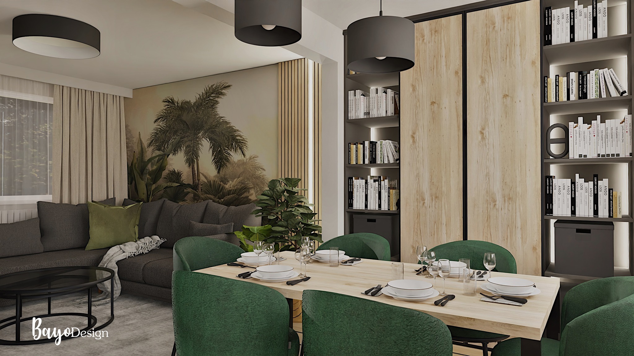 Wizualizacja jadalni z drewnianym stołem nakrytym białymi talerzami i zielonymi krzesłami, w tle salon z szarą sofą i tapetą z motywem tropikalnym, oświetlenie stanowią czarne lampy wiszące.