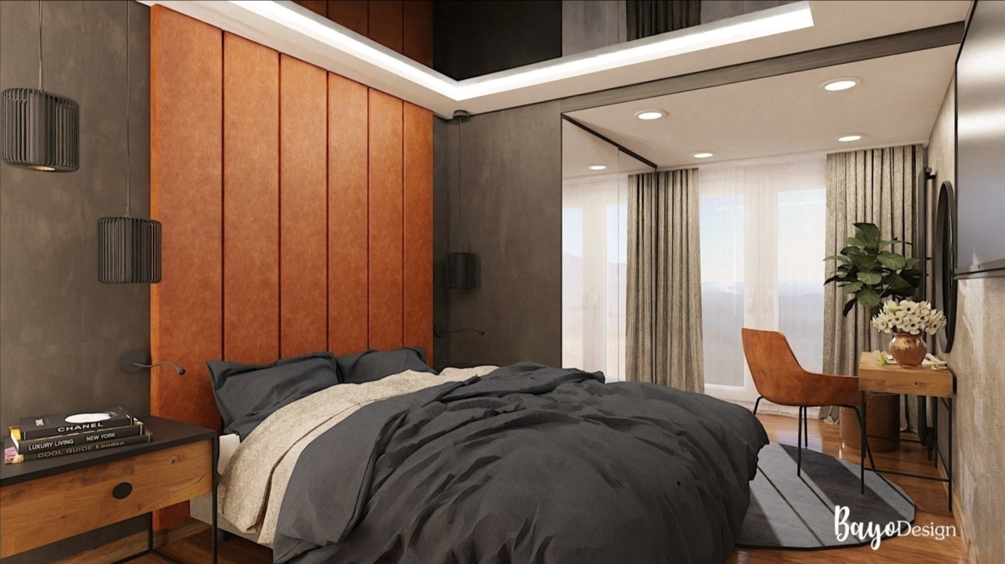 Sypialnia z łóżkiem z szarą pościelą, pomarańczowym panelem ściennym, lampami wiszącymi, drewnianym stolikiem nocnym z książkami i toaletką z rośliną doniczkową oraz krzesłem.