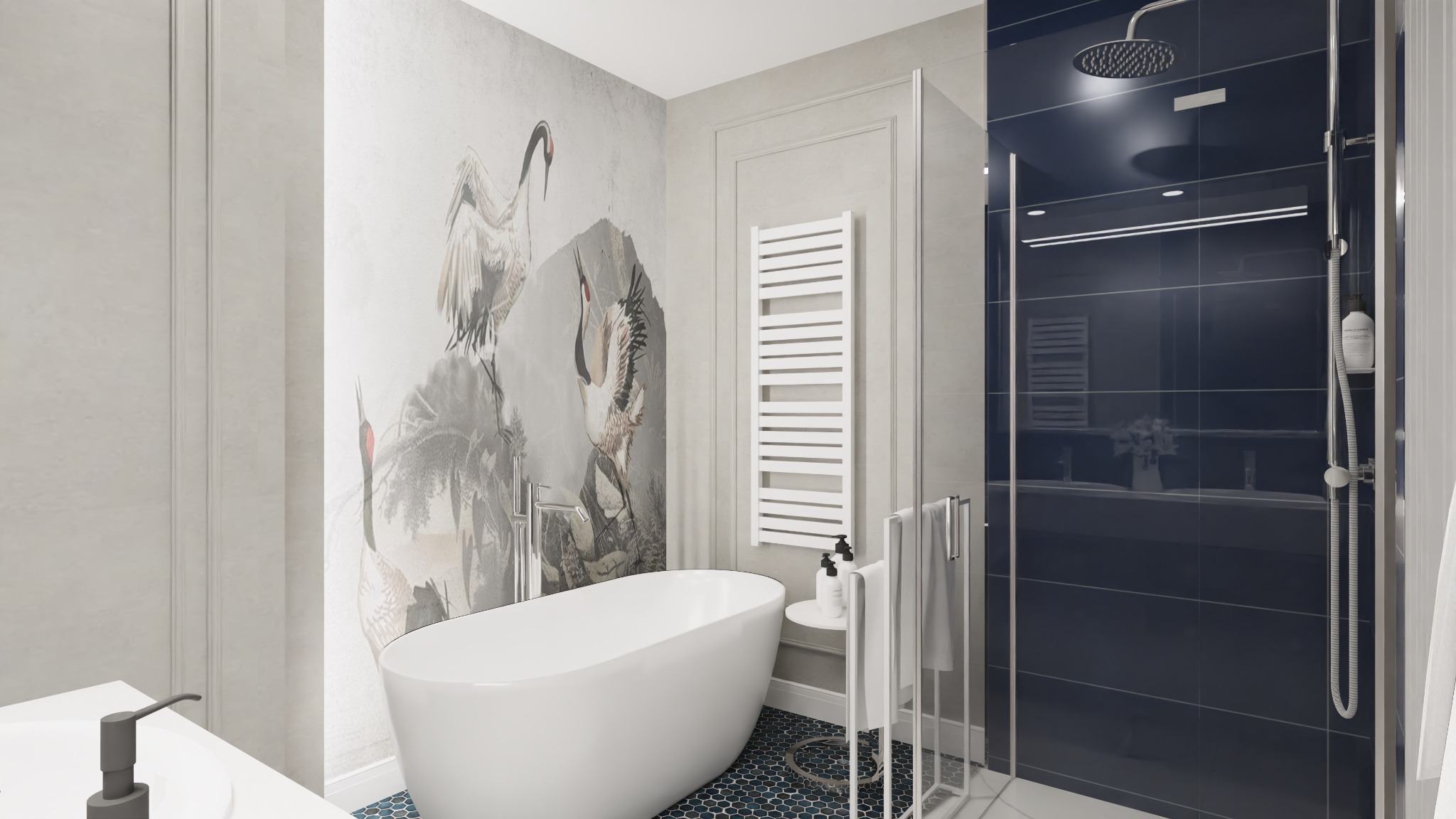 Elegancka łazienka z wolnostojącą wanną, tapetą z motywem żurawi i kabiną prysznicową z ciemnymi płytkami.