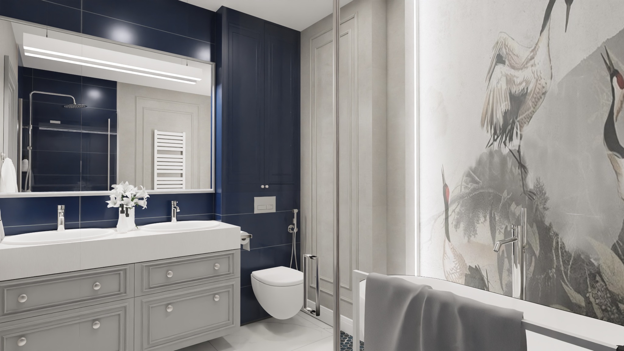 Nowoczesna łazienka z podwójną umywalką na szarej szafce, toaleta w zabudowie, kabina prysznicowa i ściana z motywem żurawi.