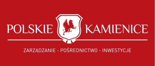 Logo firmy Polskie Kamienice z herbem przedstawiającym skrzydlatego konia w tarczy, pod spodem napis: Zarządzanie - Pośrednictwo - Inwestycje, całość na czerwonym tle.