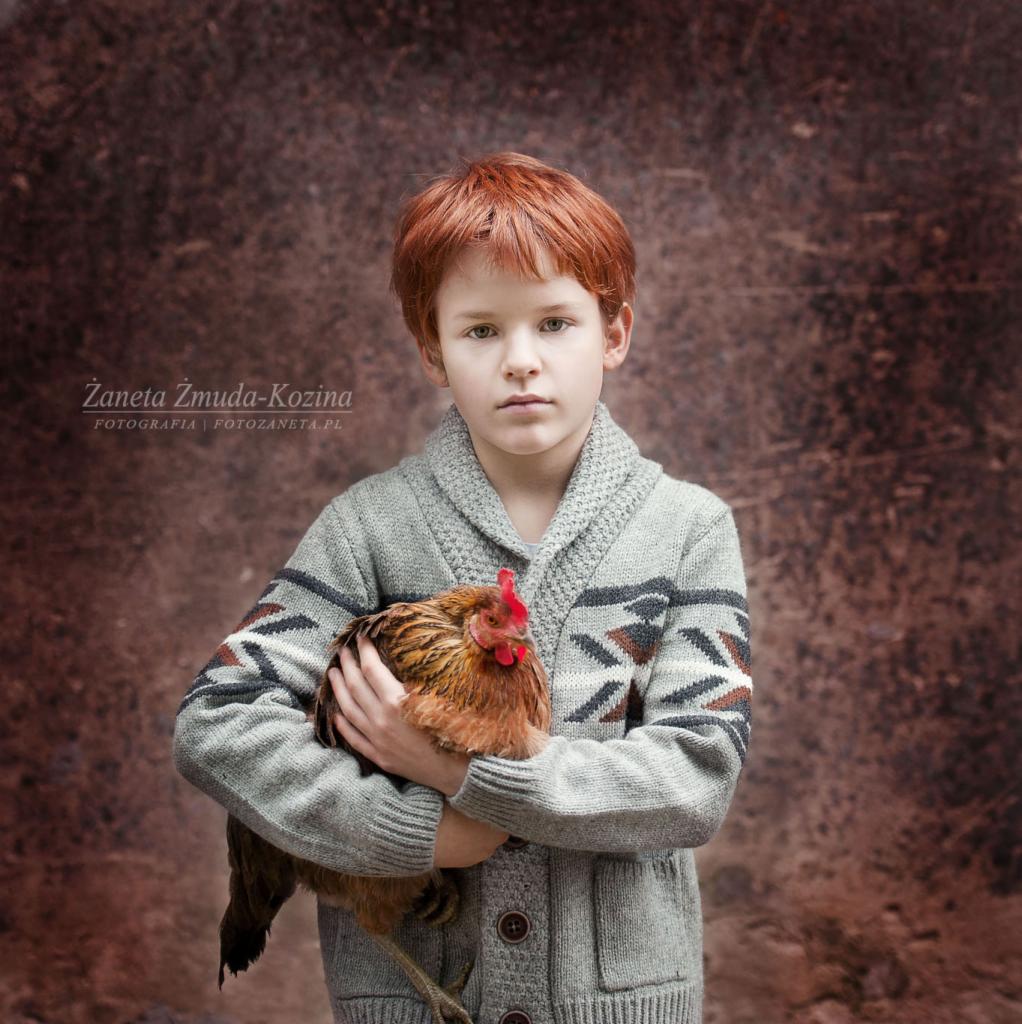 Portret rudowłosego chłopca w szarym swetrze trzymającego brązową kurę na tle brązowej ściany.