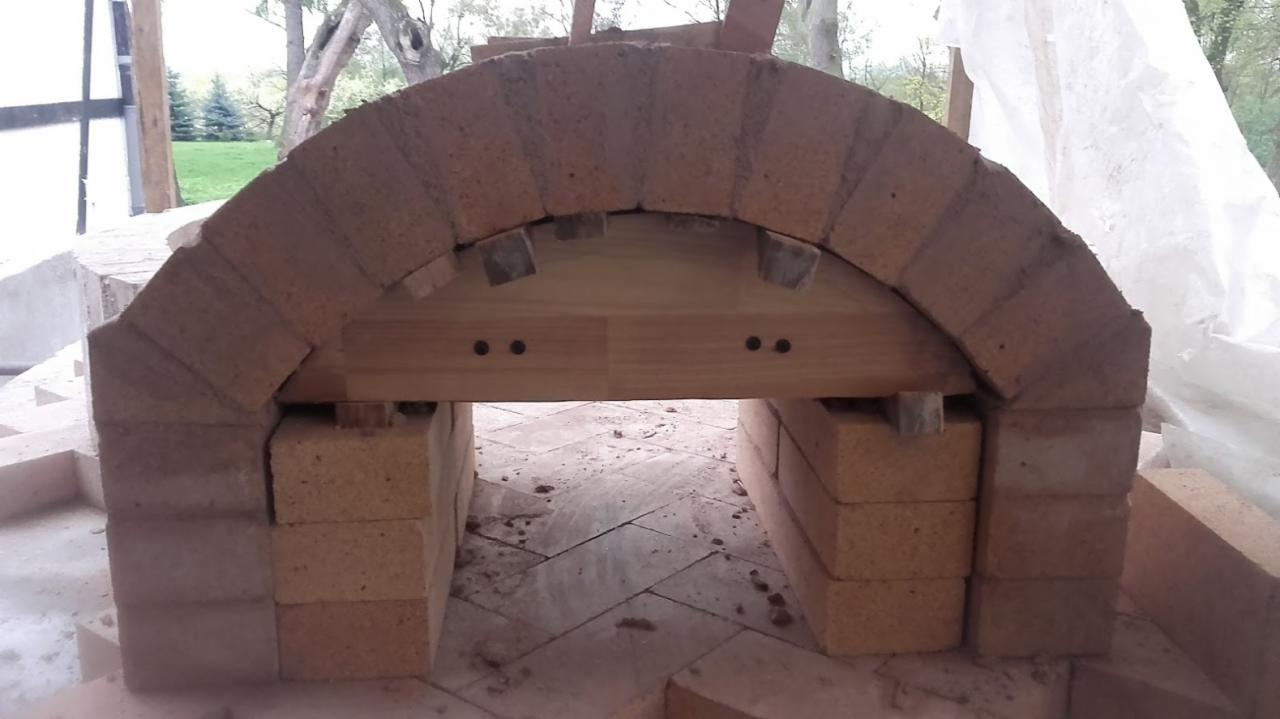 Konstrukcja łuku z cegieł z drewnianym podparciem w trakcie budowy, widoczne spoiny i nierówności cegieł, tło z zielenią i białą plandeką.