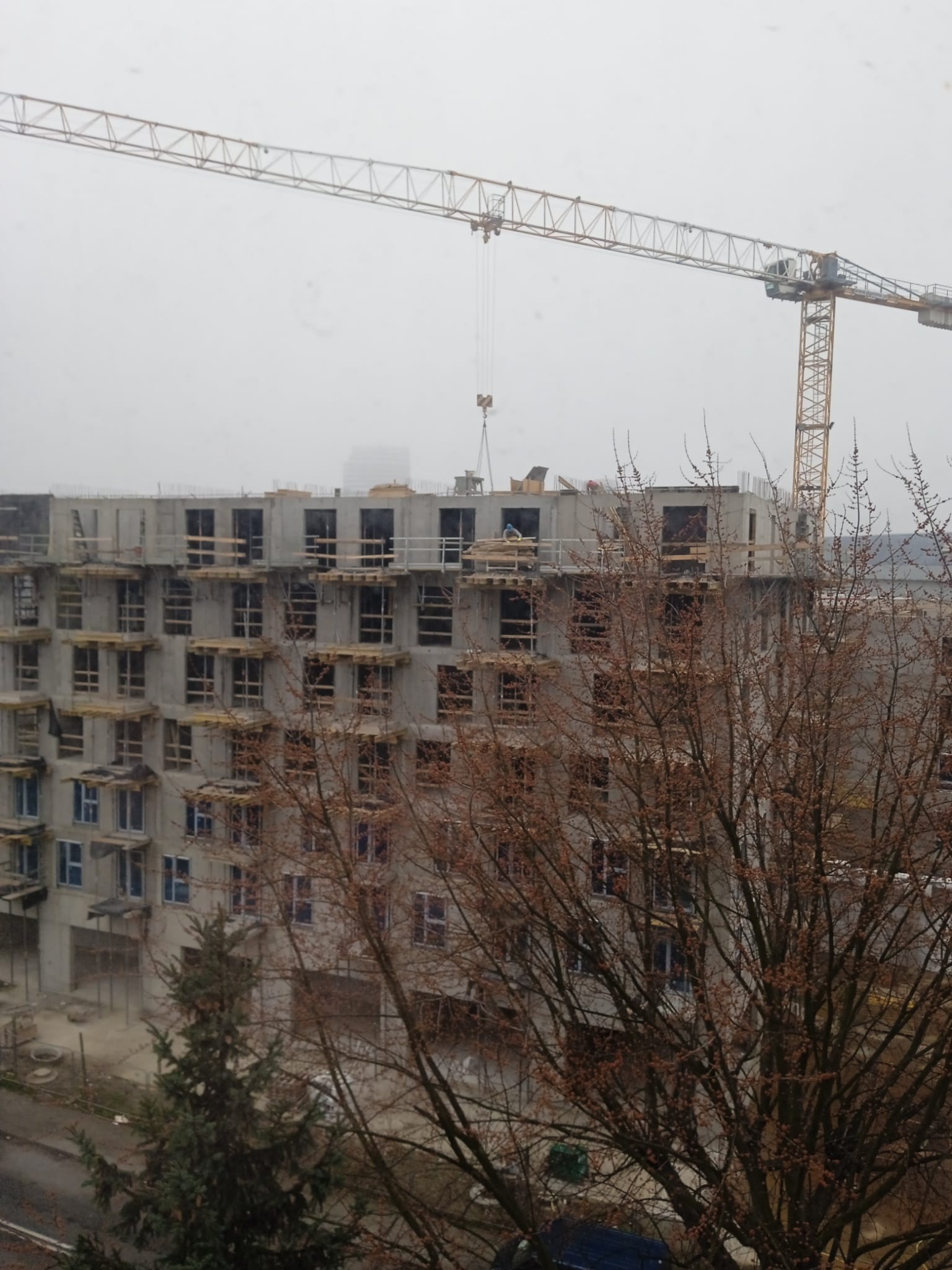 Wielopiętrowy budynek w stanie surowym, z widocznym żurawiem budowlanym w tle, uchwycony przez gałęzie drzewa. Budowa w trakcie, widoczne rusztowania.