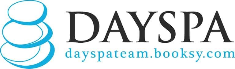 Logo Dayspa z trzema stylizowanymi kamieniami ułożonymi jeden na drugim po lewej stronie i adresem strony internetowej w kolorze turkusowym pod nazwą firmy.