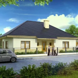 Wizualizacja parterowego domu jednorodzinnego z ciemną dachówką, jasną elewacją i kamiennym wykończeniem wejścia, z dwoma samochodami i trzema osobami na podjeździe.