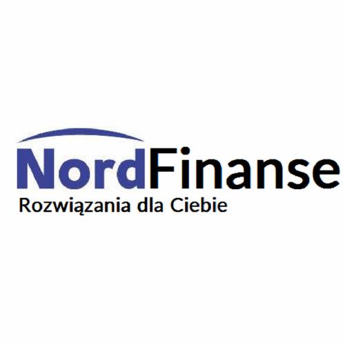 Logo firmy NordFinanse z hasłem 'Rozwiązania dla Ciebie', nazwa firmy w kolorze niebiesko-czarnym na białym tle.