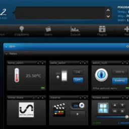 Interfejs użytkownika systemu inteligentnego domu Fibaro Home Center 2, prezentujący aktualne parametry salonu: temperatura 25.50°C, status pętli ogrzewania (wyłączona), czujnik ruchu (rozbrojony),...