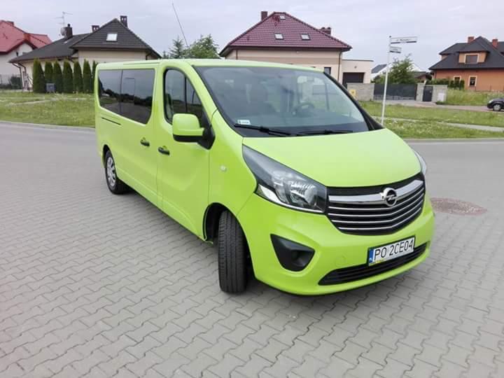 Jasnozielony bus Opel Vivaro zaparkowany na kostce brukowej, widok z przodu, tablica rejestracyjna PO 2CE04, w tle domy jednorodzinne.