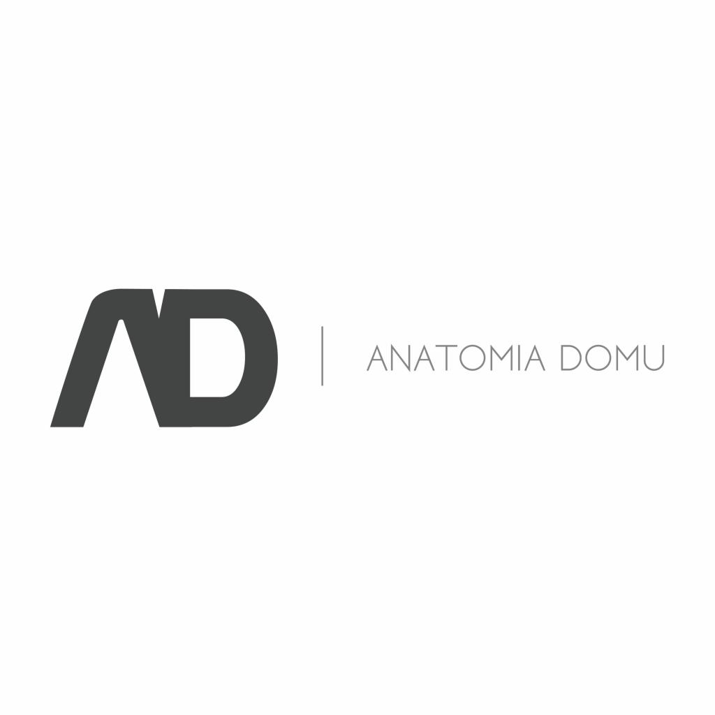 Minimalistyczne logo firmy 'Anatomia Domu' z inicjałami AD w kolorze szarym na białym tle.