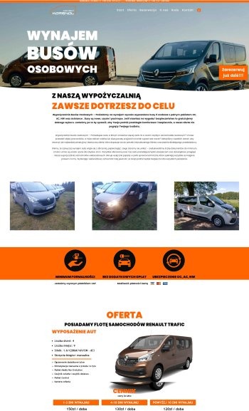Strona internetowa firmy oferującej wynajem busów osobowych, prezentująca flotę Renault Trafic, cennik i informacje o wyposażeniu aut.