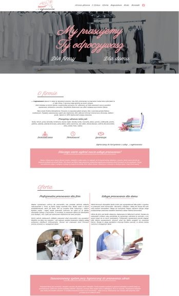 Fragment strony internetowej firmy oferującej usługi prasowania dla firm i osób prywatnych, z nagłówkiem 'My prasujemy, Ty odpoczywasz'.