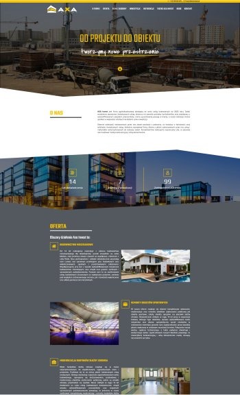 Zrzut ekranu strony internetowej firmy budowlanej AXA, prezentujący wizualizację budowy z betoniarką, nowoczesne budynki mieszkalne i komercyjne, oraz sekcje 'O Nas' i 'Oferta' z miniaturami zdjęć...