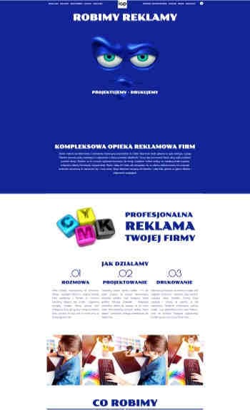 Projekt strony internetowej agencji reklamowej z niebieskim tłem, animowaną twarzą i elementami CMYK.